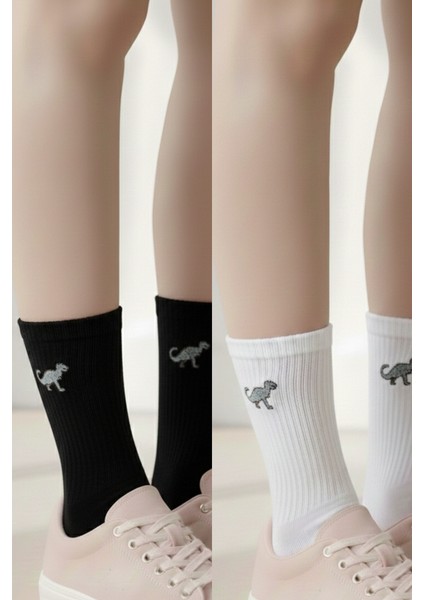 Dinazor T-Rex Nakışlı 2 Çift Siyah ve Beyaz Eğlenceli Yazlık Kışlık Pamuklu Unisex Çorap Seti