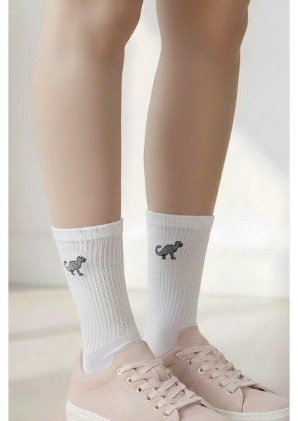 Dinazor T-Rex Nakışlı 2 Çift Siyah ve Beyaz Eğlenceli Yazlık Kışlık Pamuklu Unisex Çorap Seti modelleri