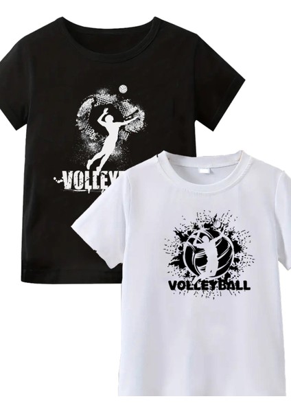 2li Kaliteli Pamuk Penye Unisex Kadın Erkek Volleyball Baskılı Tshirt Siyah Beyaz Voleybol Tişört