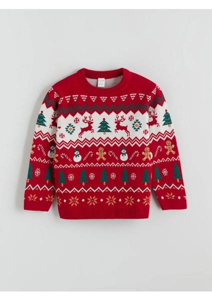 Kids Kırmızı Bisiklet Yaka Yılbaşı Temalı Erkek Çocuk Kazak