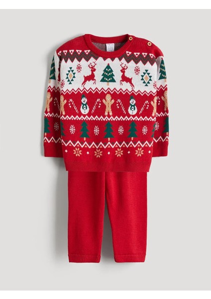Baby Kırmızı Bisiklet Yaka Uzun Kollu Yılbaşı Temalı %100 Pamuk 2'li Erkek Bebek Takım