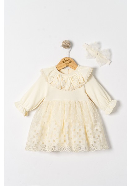 Kız Bebek Mevlütlük Elbise Bandanalı Dantelli ELB1072