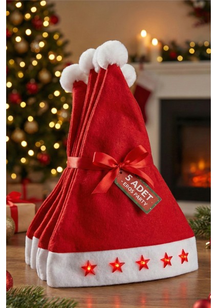 Adet Işıklı Yılbaşı Yeni Yıl Şapkası Noel Baba Şapka Açma Kapama Düğmeli 5 Yıldızlı Kırmızı Renk