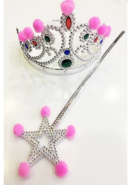 Buğz Pembe Ponponlu Gümüş Renk Prenses Tacı ve Gümüş Renk Prenses Asası