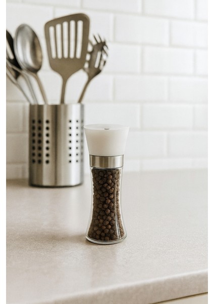 Cam Gövdeli Beyaz Renk Kapaklı Tuz Karabiber Değirmeni Tuz Karabiber Öğütücü 19 cm 1 Adet