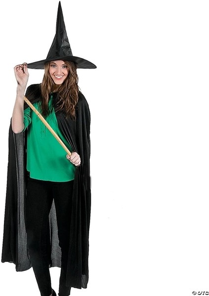 Buğz Siyah Yakalı 120 cm Yetişkin Pelerin ve Siyah Keçe Cadı Şapkası