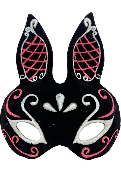 Buğz Siyah Renk Kırmızı Beyaz Simli Siyah Süet Kaplama Tavşan Maskesi 18X16 cm