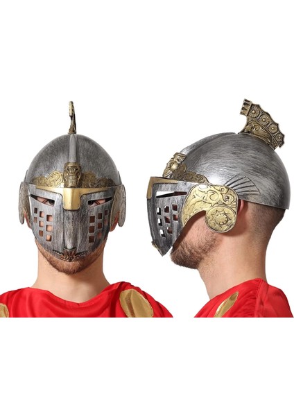 Buğz Gümüş Üzeri Altın Renk Oynar Başlıklı Romalı Bizans Kaskı Miğferi 25X20 cm