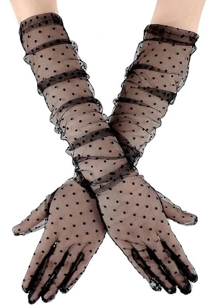 Buğz Uzun Boy Siyah Puantiyeli Siyah Renk Yetişkin Tül Eldiven 55 cm modelleri