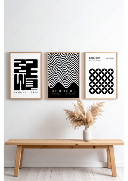 Soyut Siyah Beyaz Bauhaus 3'lü Tablo - Ahşap Çerçeveli Tablo -Duvar Tablosu-Salon Yatak Odası Tablo