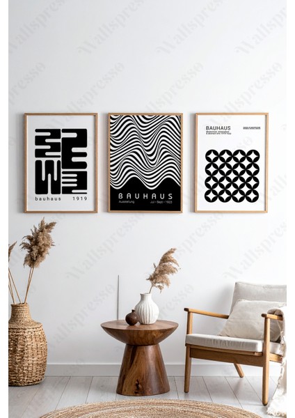 Soyut Siyah Beyaz Bauhaus 3'lü Tablo - Ahşap Çerçeveli Tablo -Duvar Tablosu-Salon Yatak Odası Tablo modelleri