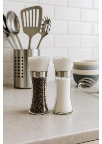 Cam Gövdeli Metal Krom Renk Kapaklı Tuz Karabiber Değirmeni Tuz Karabiber Öğütücü 1 Adet