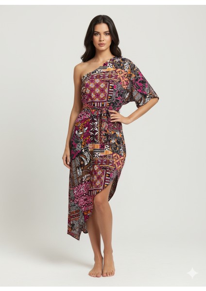 Kadın Desenli Tek Omuz Yırtmaç Detaylı Dokuma Şifon Pareo