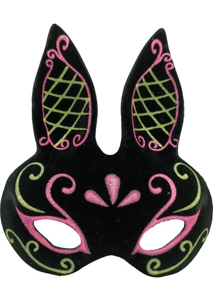 Buğz Siyah Renk Pembe Gold Simli Siyah Süet Kaplama Tavşan Maskesi 18X16 cm