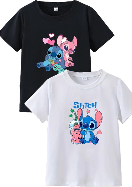 2li Kaliteli Pamuk Penye Kadın Baskılı Tshirt Lilo Stitch Siyah Beyaz Tişört