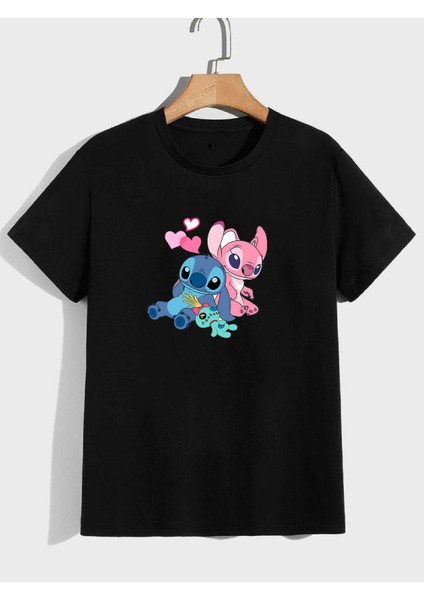 2li Kaliteli Pamuk Penye Kadın Baskılı Tshirt Lilo Stitch Siyah Beyaz Tişört modelleri