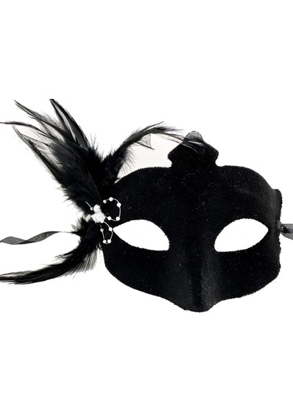 Buğz Siyah Renk Yandan Tüylü Süet Kaplama Beyaz Incili Parti Maskesi 18X15 cm