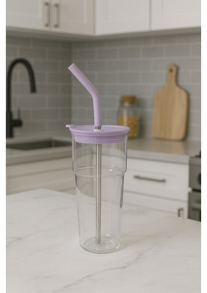 Kapaklı Cam Pipetli Boroslikat Cam Mug-Cam Matara-Cam Termos