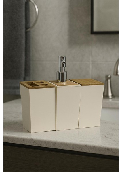 3’lü Bambu Banyo Seti – Sabunluk, Diş Fırçalık ve Sıvı Sabunluk