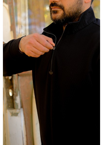 Erkek Yarım Fermuarlı Sweatshirt Siyah
