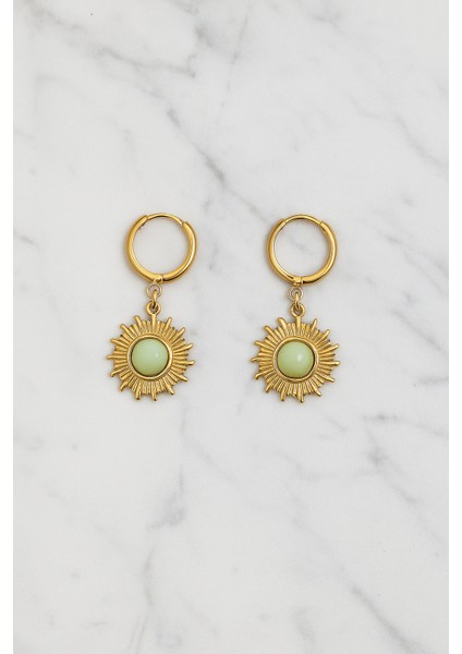 Yeşil Taşlı Vintage Gold Güneş Küpe
