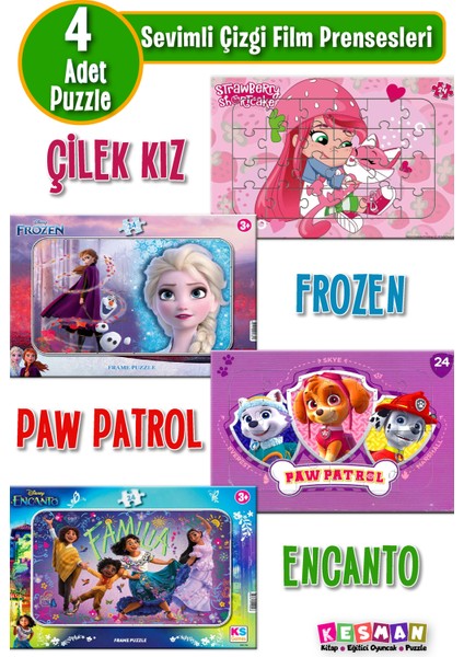 Sevimli Çizgi Film Prensesleri 4’lü Puzzle Seti – Çilek Kız, Frozen, Paw Patrol, Encanto