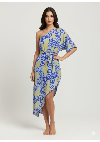 Kadın Desenli Tek Omuz Yırtmaç Detaylı Dokuma Şifon Pareo