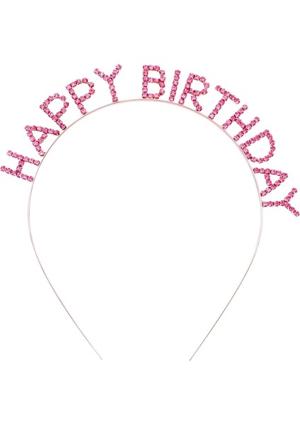 Buğz Pembe Renk Kristal Taşlı Gold Renk Kaplama Happy Birthday Taç 16X17 cm