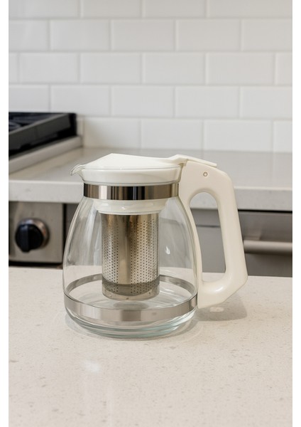 Beyaz Süzgeçli Cam Demlik 1500ML Çay- Bitki Çayı Demliği