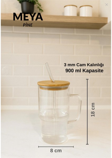 Bambu Kapaklı Cam Pipetli Boroslikat Cam Mug-Cam Matara-Cam Termos