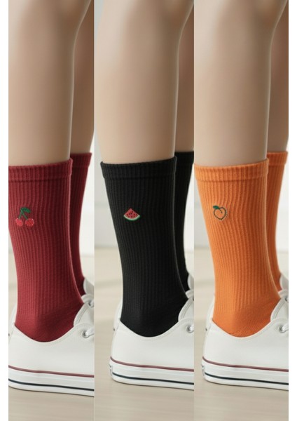 Meyve Nakışlı Unisex Desenli 3 Çift Premium Unisex Renkli Çorap Seti.