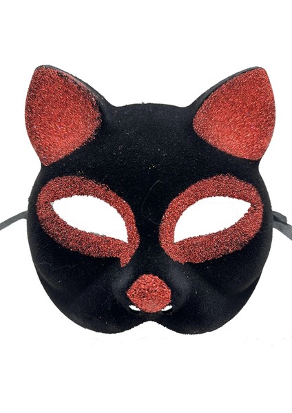 Buğz Siyah Renk Kırmızı Simli Süet Kaplama Kedi Maskesi 18X14 cm
