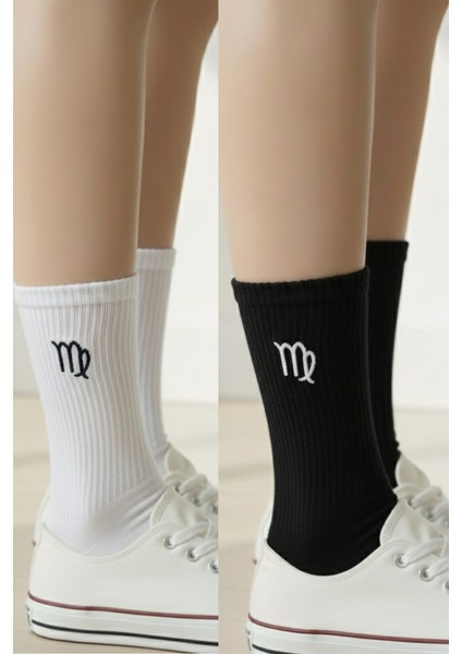 Başak Burcu Nakışlı Tenis Gym Fitness 2 Çift Siyah Beyaz Pamuklu Yazlık Kışlık Çorap Seti