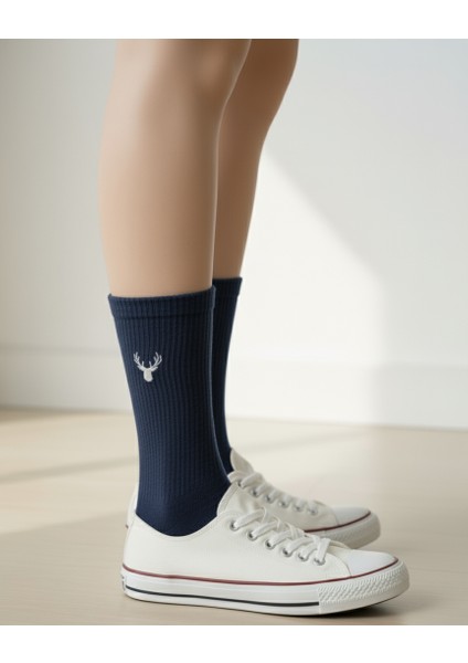 Geyik Nakışlı Renkli Yazlık Kışlık Pamuklu Unisex Lacivert Soket Çorap