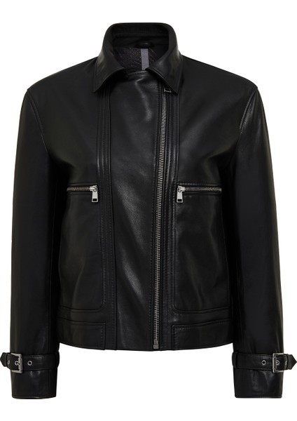 Paloma Kadın Siyah Kısa Oversize Kruvaze Yaka Deri Ceket 25WGD5608VE