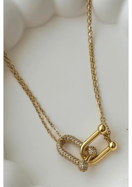 Çelik U Şekilli Kolye Zirkon Taşlı Ikili Zincir Kararmaz Takı