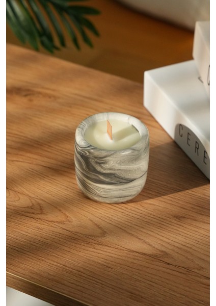 Stone Mist %100 Soya Wax Odun Fitilli Gri Mermer Desen Dekoratif Mum