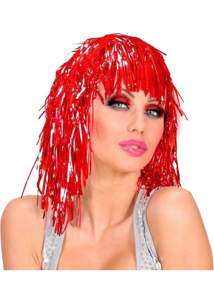 Buğz Kırmızı Işıltılı Metalize Parti Peruğu