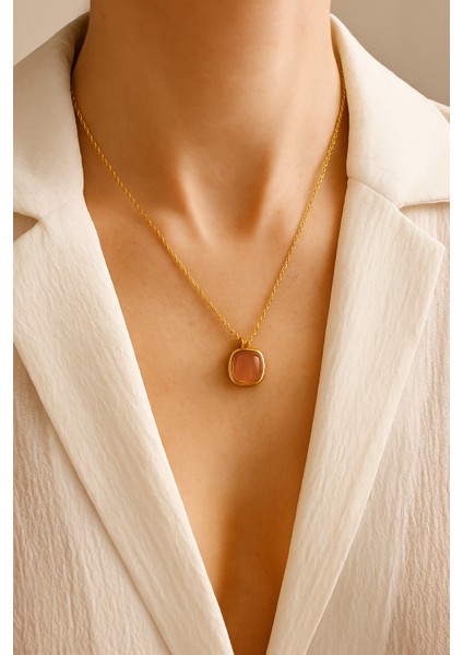 Pembe Taşlı Zarif Vintage Oval Çelik Kolye