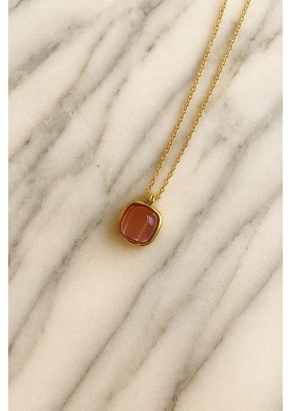 Pembe Taşlı Zarif Vintage Oval Çelik Kolye fiyatları