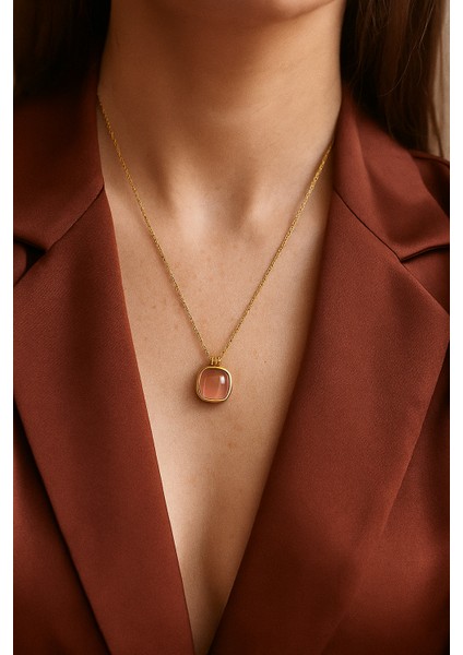 Pembe Taşlı Zarif Vintage Oval Çelik Kolye indirimleri