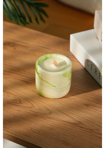 Mint Flow %100 Soya Wax Odun Fitilli Yeşil Mermer Desen Dekoratif Mum