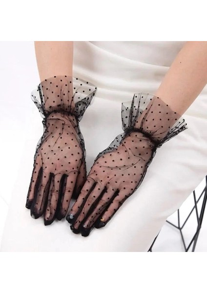 Buğz Kısa Boy Güpürlü Siyah Puantiyeli Tül Eldiven Siyah Renk