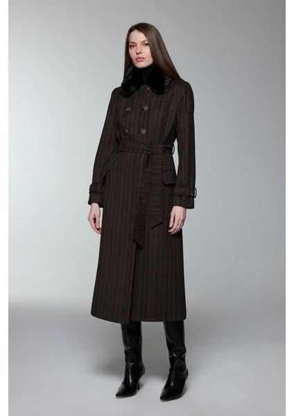 Kürk Yaka Cep Detaylı Manto Kahve 13902 fiyatları