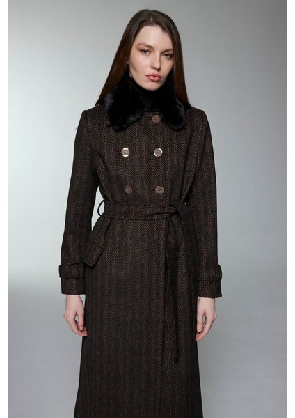 Kürk Yaka Cep Detaylı Manto Kahve 13902 modelleri