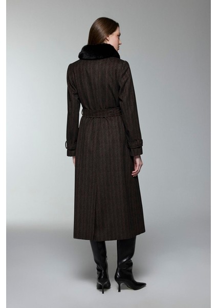 Kürk Yaka Cep Detaylı Manto Kahve 13902 fırsatları