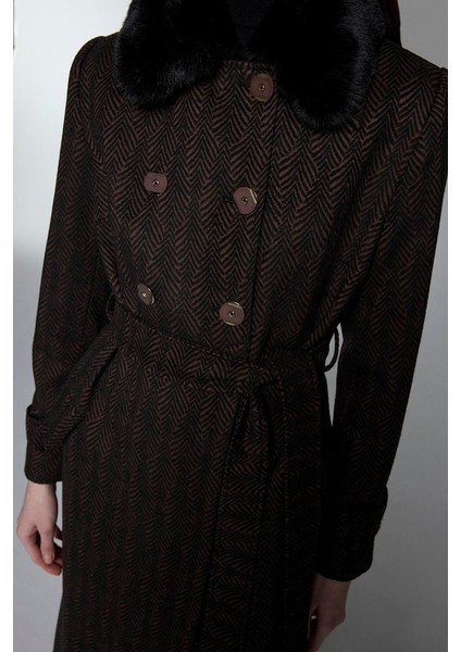 Kürk Yaka Cep Detaylı Manto Kahve 13902 indirimleri