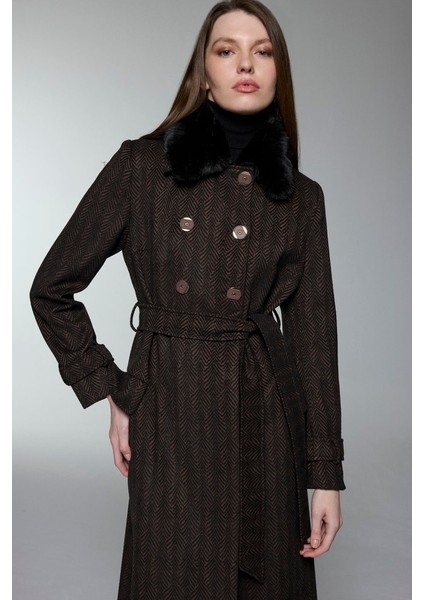 Kürk Yaka Cep Detaylı Manto Kahve 13902