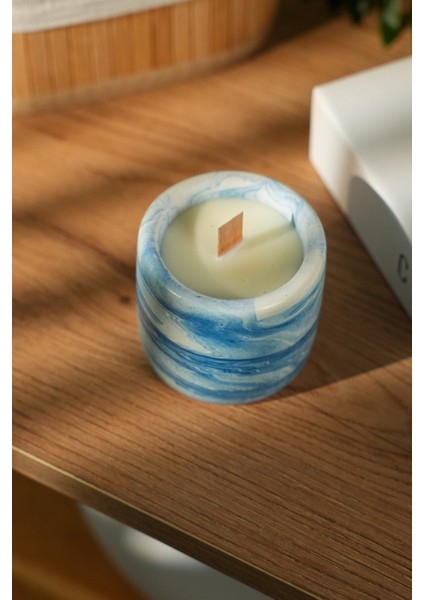 Azure Calm %100 Soya Wax Odun Fitilli Mavi Mermer Desen Dekoratif Mum fiyatları