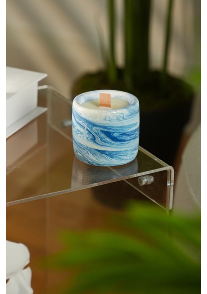 Azure Calm %100 Soya Wax Odun Fitilli Mavi Mermer Desen Dekoratif Mum modelleri